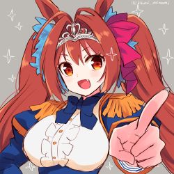 Rule 34 | 1girl, absurdres, animal ears, antenna hair, artist name, blue bow, blue bowtie, bow, bowtie, breasts, brown hair, commentary request, daiwa scarlet (umamusume), epaulettes, fang, grey background, hair intakes, headpiece, highres, horse ears, horse girl, izumi minami, juliet sleeves, large breasts, long hair, long sleeves, looking at viewer, open mouth, orange eyes, pointing, pointing at viewer, puffy sleeves, solo, sparkle, sparkle background, tongue, twintails, twitter username, umamusume, upper body