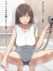 Rule 34 | 1girl, absurdres, bare legs, barefoot, bathroom, blush, breasts, brown hair, collarbone, commentary request, feet up, grey shorts, highres, holding, holding shower head, ka ze na mi, large breasts, long hair, looking at viewer, mature female, original, shirt, short shorts, shorts, shower head, sleeve rolled up, solo, spread legs, squatting, steam, straight hair, translation request, very long hair, water drop, white shirt
