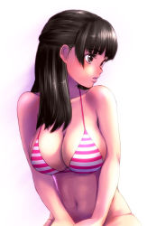 Rule 34 | 1girl, bikini, black eyes, black hair, breasts, character request, cleavage, large breasts, looking back, navel, original, popopon, solo, striped bikini, striped clothes, swimsuit