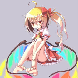 Rule 34 | 1girl, barefoot, blonde hair, cicin, female focus, flandre scarlet, panties, red eyes, side ponytail, solo, striped clothes, striped panties, touhou, underwear, wings