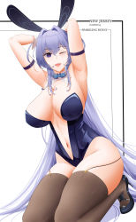 Rule 34 | 1girl, absurdly long hair, absurdres, animal ears, arms behind head, artist name, azur lane, black footwear, breasts, brown thighhighs, center opening, character name, cleavage, clothing cutout, detached collar, fake animal ears, garter straps, high heels, highres, huge breasts, leotard, long hair, milkman29, new jersey (azur lane), one eye closed, open mouth, playboy bunny, purple eyes, purple hair, purple leotard, simple background, stiletto heels, stomach cutout, thighhighs, very long hair, white background, wrist cuffs