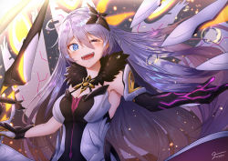 Rule 34 | 1girl, ;d, ahoge, armor, armored dress, bare shoulders, blue eyes, breasts, diamond-shaped pupils, diamond (shape), dress, elbow gloves, energy wings, floating, floating object, floating weapon, fur collar, gloves, hair between eyes, hair ornament, honkai (series), honkai impact 3rd, jewelry, kiana kaslana, kiana kaslana (herrscher of the void), long hair, looking at viewer, medium breasts, one eye closed, open mouth, polearm, sidelocks, silver hair, single elbow glove, smile, solo, spear, symbol-shaped pupils, tearing up, very long hair, weapon, xfate