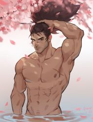 Rule 34 | 1boy, abs, amo (amo9612), armpits, artist name, bara, beard, biceps, brown hair, cherry blossoms, cross scar, facial hair, hand in own hair, highres, lake, large pectorals, league of legends, long hair, looking at viewer, male focus, muscular, muscular male, navel, navel hair, nipples, nude, pectorals, petals, ponytail, scar, scar on arm, scar on chest, scar on face, solo, stubble, thick arms, thick eyebrows, upper body, water, yasuo (league of legends)