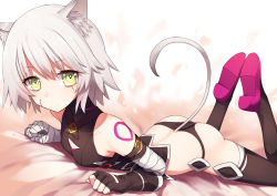 Rule 34 | 1girl, :/, animal ears, ass, bandaged arm, bandages, bare shoulders, black gloves, black panties, black thighhighs, breasts, cat ears, cat tail, closed mouth, crop top, fate/apocrypha, fate (series), fingerless gloves, gloves, highres, jack the ripper (fate/apocrypha), kemonomimi mode, looking at viewer, lying, mouse ears, mouse tail, on stomach, panties, scar, sh (shinh), shoe soles, short hair, silver hair, single glove, small breasts, solo, tail, thighhighs, underwear, yellow eyes