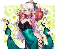 Rule 34 | 1girl, bad id, bad twitter id, black eyes, breasts, brooch, cleavage, collar, collarbone, covered navel, creatures (company), dress, earrings, elbow gloves, floral background, florges, florges (red flower), game freak, gen 6 pokemon, gloves, green dress, jewelry, katagiri hachigou, large breasts, long hair, nintendo, no panties, personification, pokemon, ponytail, solo, white gloves, white hair