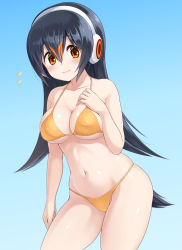 Rule 34 | 1girl, arm at side, bikini, bird tail, black hair, breasts, brown eyes, cleavage, closed mouth, covered erect nipples, flying sweatdrops, gentoo penguin (kemono friends), groin, hair between eyes, halterneck, hand on own chest, hand up, headphones, highres, kemono friends, long hair, medium breasts, micro bikini, multicolored hair, navel, orange bikini, penguin tail, red hair, shiny skin, skindentation, smile, solo, stomach, swimsuit, tail, underboob, watayoshi (suiiho)
