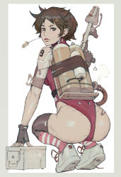 Rule 34 | 1girl, ammunition box, artist name, ass, bad artstation id, bad id, bandaged arm, bandages, bandaid, bandaid on ass, border, box, breasts, brown hair, corn, earrings, fingerless gloves, flamethrower, from behind, full body, gloves, grey border, guweiz, hair ornament, hairclip, heart, highleg, highleg leotard, highres, holding, holding weapon, horizontal-striped legwear, jewelry, kneehighs, leotard, light smile, lips, looking at viewer, looking back, medium breasts, mouth hold, original, outside border, parted lips, pink leotard, pink socks, shoe soles, shoelaces, shoes, short hair, sign, simple background, socks, solo, squatting, striped clothes, striped socks, thighhighs, thighs, tiptoes, trigger discipline, warning sign, weapon, white background