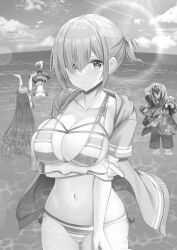 Rule 34 | 2boys, 3girls, arms up, artoria pendragon (fate), ball, bb (fate), bb (fate) (all), bb (swimsuit mooncancer) (fate), beachball, bikini, black shirt, blonde hair, breasts, character request, closed mouth, cloud, collarbone, commentary request, day, fate/grand order, fate (series), floral print, hair ornament, hair over one eye, highres, horizon, jacket, kanikou, lancelot (fate/grand order), large breasts, long hair, looking at viewer, mash kyrielight, mash kyrielight (swimsuit of perpetual summer ver.02), monochrome, multiple boys, multiple girls, mysterious heroine x (fate), mysterious heroine xx (fate), navel, ocean, official alternate costume, open clothes, open jacket, outdoors, print shirt, shirt, short hair, side-tie bikini bottom, sky, solo focus, standing, star (symbol), star hair ornament, striped bikini, striped clothes, sunglasses, sunlight, swimsuit, tristan (fate), very long hair, wet, wet hair, white bikini