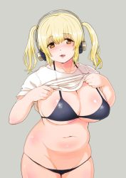 Rule 34 | 1girl, belly, bikini, black bikini, blonde hair, blush, breasts, cleavage, clothes lift, headphones, highres, huge breasts, licking lips, looking at viewer, md5 mismatch, navel, nitroplus, open mouth, orange eyes, plump, resized, scotch (blaze), shirt, shirt lift, short hair, simple background, skindentation, smile, solo, super pochaco, swimsuit, thick thighs, thighs, tongue, tongue out, twintails, undressing, wide hips