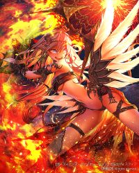 Rule 34 | 1girl, belt bra, blonde hair, blue eyes, breasts, cinkai, cleavage, company name, copyright name, fire, gloves, guardians violation, hair between eyes, holding, holding weapon, long hair, navel, official art, solo, teeth, underboob, weapon, wings