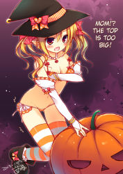 Rule 34 | 1girl, blonde hair, boots, bra, bracelet, breasts, bridal gauntlets, cleavage, dated, earrings, fang, halloween, hard-translated, hat, izumiyuhina, jack-o&#039;-lantern, jewelry, long hair, lots of jewelry, navel, necktie, open mouth, original, panties, pointy ears, red eyes, side-tie panties, signature, solo, striped clothes, striped thighhighs, thighhighs, third-party edit, translated, underwear, underwear only, witch hat