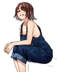 Rule 34 | 1girl, bare shoulders, breasts, brown eyes, brown hair, cleavage, copyright request, cowboy shot, grin, kakaobataa, looking at viewer, medium breasts, no bra, overalls, short hair, sitting, smile, solo