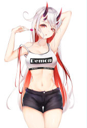 Rule 34 | 1girl, absurdres, arm up, armpits, bare arms, bare shoulders, black shorts, breasts, candy, clothes writing, collarbone, colored inner hair, commentary request, cowboy shot, crop top, earrings, food, hand up, highres, holding, horns, jewelry, kisaki oni, lollipop, long hair, looking at viewer, medium breasts, midriff, multicolored hair, navel, oni, original, parted lips, red eyes, red hair, shirt, short shorts, shorts, sleeveless, sleeveless shirt, solo, standing, stomach, strap slip, thigh gap, thighs, white hair, white shirt