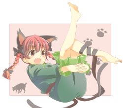 Rule 34 | 1girl, animal ears, bad id, bad pixiv id, barefoot, braid, cat, cat ears, cat tail, fang, feet, female focus, flat chest, full body, hasebe yuusaku, hugging own legs, kaenbyou rin, multiple tails, ribbon, smile, soles, solo, spread toes, tail, toes, touhou, twin braids