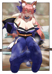 Rule 34 | 1girl, animal ear fluff, animal ears, areola slip, armpit crease, blue kimono, blue thighhighs, blush, border, breasts, breasts apart, collarbone, commission, detached collar, fate/extra, fate (series), feet, foot focus, foreshortening, fox ears, fox girl, full body, hair between eyes, hand up, japanese clothes, kikimifukuri, kimono, large areolae, large breasts, legs together, long hair, looking at viewer, no shoes, pink hair, shiny skin, sitting, skeb commission, smell, smile, soles, solo, steaming body, sweatdrop, tamamo (fate), tamamo no mae (fate/extra), tassel, thighhighs, toes, white border, wide sleeves, yellow eyes