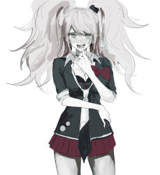 Rule 34 | 1girl, bear hair ornament, blush, bow, shirt bow, breasts, cleavage, commentary request, cowboy shot, danganronpa: trigger happy havoc, danganronpa (series), enoshima junko, finger to tongue, gloves, hair ornament, hand up, highres, iumi urura, long hair, looking at viewer, miniskirt, nail polish, necktie, open mouth, pleated skirt, red bow, red skirt, school uniform, shirt bow, simple background, skirt, sleeves rolled up, smile, solo, twintails