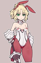 Rule 34 | 1girl, animal ears, blonde hair, breasts, clarent (fate), cropped legs, detached collar, fake animal ears, fate/apocrypha, fate (series), gauntlets, green eyes, leotard, mordred (fate), mordred (fate/apocrypha), pantyhose, playboy bunny, rabbit ears, rabbit tail, red pantyhose, short ponytail, simple background, small breasts, solo, stroma, sweatdrop, sword, tail, weapon