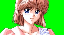 1girl :p blind_games blue_eyes blush brown_hair collarbone game_cg gloves green_background hand_up may-be_soft medium_hair pink_shirt portrait puffy_sleeves shirt tongue tongue_out white_gloves