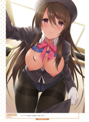 Rule 34 | 1girl, artist name, backlighting, black jacket, black pantyhose, black skirt, blazer, blue bra, blush, bow, bra, bra lift, breasts, breasts out, brown eyes, brown hair, buttons, check translation, closed mouth, collared shirt, cowboy shot, dengeki moeou, embarrassed, from below, gloves, hair between eyes, hand out, highres, indoors, jacket, lamp, large breasts, leaning forward, long hair, long sleeves, looking at viewer, nipples, open clothes, open shirt, original, outstretched arm, panties, panties under pantyhose, pantyhose, parted bangs, partially unbuttoned, pink bow, pleated skirt, reaching, reaching towards viewer, school uniform, shiny skin, shirt, skirt, unworn skirt, smile, solo, standing, sweat, torimaru, translation request, underwear, undressing, uniform, white shirt, wing collar