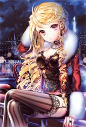 Rule 34 | 1girl, absurdres, black thighhighs, blonde hair, breasts, bustier, chain, choker, cinia pacifica, cleavage, cocoon (loveririn), collarbone, drill hair, fur trim, garter straps, highres, jacket, jewelry, lingerie, long hair, midriff, night, outdoors, pink eyes, ring, sitting, solo, striped clothes, striped thighhighs, swept bangs, sword girls, thighhighs, underwear, vertical-striped clothes, vertical-striped thighhighs, very long hair