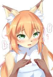 Rule 34 | 1boy, an choby, animal ear fluff, animal ears, apron, blush, body fur, fang, fox ears, furry, furry male, green eyes, highres, looking at viewer, male focus, open mouth, orange hair, original, simple background, solo, trap, upper body, white apron, white background