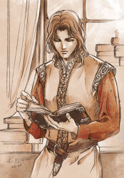 Rule 34 | 1boy, book, brown theme, closed mouth, curtains, dated, faramir, highres, holding, holding book, kazuki-mendou, long sleeves, looking down, male focus, medium hair, monochrome, open book, reading, scabbard, sheath, signature, solo, standing, the lord of the rings, tolkien&#039;s legendarium, tolkien's legendarium, window