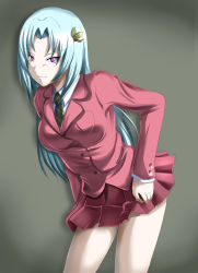 Rule 34 | 1girl, alternate costume, blazer, blue hair, c-wing, closed mouth, collared shirt, cowboy shot, fresh precure!, grey background, hair intakes, hair ornament, jacket, long hair, long sleeves, miniskirt, necktie, northa (fresh precure!), pink eyes, pink jacket, pink skirt, pleated skirt, precure, school uniform, shirt, simple background, skirt, smile, solo, standing, straight hair, striped necktie, striped neckwear, very long hair, wing collar