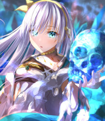 Rule 34 | 1girl, anastasia (fate), blue cloak, blue eyes, blurry, blurry background, cloak, commentary, crystal skull, depth of field, dress, english commentary, fate/grand order, fate (series), hair over one eye, hand up, highres, holding, holding skull, long hair, looking at viewer, parted lips, royal robe, sakazakinchan, silver hair, skull, solo, upper body, very long hair, white dress