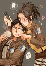 Rule 34 | !?, 1boy, 1girl, belt, blue eyes, blush, brown eyes, brown hair, chair, clippers, cup, eren yeager, finger in another&#039;s mouth, glasses, hange zoe, heart, military, military uniform, na222222, pliers, saliva, shingeki no kyojin, skindentation, smile, sparkle, teacup, tooth, uniform