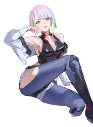 Rule 34 | 1girl, absurdres, armpits, asymmetrical bangs, bare shoulders, bigroll, blonde hair, blue hair, blunt bangs, breasts, cleavage, cyberpunk (series), cyberpunk edgerunners, eyeshadow, gradient hair, green hair, hand on own face, highleg, highres, hip vent, jacket, large breasts, leggings, leotard, lipstick, lucy (cyberpunk), makeup, multicolored eyes, multicolored hair, on ground, open clothes, open jacket, orange hair, pink hair, red lips, sitting, solo, thighs, white background, white jacket