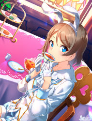 Rule 34 | 1girl, animal ears, artist name, blue eyes, chair, cup, cupcake, day, drinking, dutch angle, fake animal ears, food, gloves, gold trim, grey hair, half gloves, highres, indoors, long sleeves, looking at viewer, love live!, love live! school idol festival, love live! sunshine!!, macaron, marshall (wahooo), pocket watch, rabbit ears, saucer, short hair, sitting, solo, stained glass, table, tablecloth, teacup, teaspoon, tiered tray, watanabe you, watch, white gloves