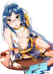 Rule 34 | 1girl, arm support, blue hair, breasts, china dress, chinese clothes, cleavage, dress, hand fan, glasses, green eyes, highres, long hair, looking at viewer, medium breasts, murabito c, rinoda mano, school girl strikers, solo, torn clothes, torn dress, underboob