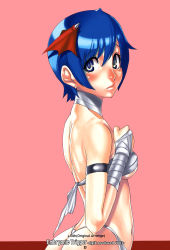 Rule 34 | 1girl, armband, ass, back, bandages, bandeau, bare shoulders, bat wings, blue eyes, blue hair, blush, breasts, bridal gauntlets, capcom, character name, choker, demon girl, earrings, embarrassed, female focus, fundoshi, head wings, highres, japanese clothes, jewelry, lilith aensland, looking back, matching hair/eyes, medium breasts, ooshima ryou, pink background, sarashi, scan, short hair, simple background, solo, underboob, vampire (game), wings