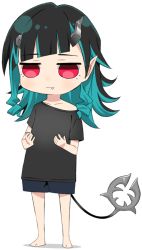 Rule 34 | 1girl, nanashi inc., akitetsu, black hair, black shirt, black shorts, blue hair, breast conscious, chibi, closed mouth, commentary request, demon girl, demon horns, demon tail, expressionless, fang, fang out, flat chest, full body, horns, long hair, looking down, multicolored hair, off shoulder, pointy ears, red eyes, shirt, shishio chris, shorts, simple background, solo, standing, sugar lyric, t-shirt, tail, transparent background, two-tone hair, virtual youtuber