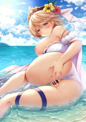 Rule 34 | 1girl, ass, bar censor, bare shoulders, bikini, blonde hair, blue eyes, blue sky, blush, breasts, censored, cloud, day, europa (granblue fantasy), flower, from behind, granblue fantasy, hair between eyes, hair flower, hair ornament, half-closed eyes, highres, kanopan, large breasts, looking at viewer, looking back, nipples, outdoors, partially submerged, pussy, short hair, sky, smile, solo, spread pussy, swimsuit, thigh strap, thighs, tiara, wet, white bikini