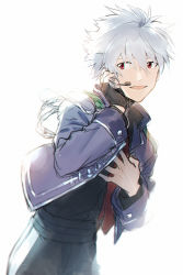 Rule 34 | 11kkr, 1boy, black pants, black shirt, hand on own chest, highres, jacket, looking to the side, music, nagisa kaworu, neckwear request, neon genesis evangelion, open mouth, pants, red eyes, red neckwear, shirt, short hair, simple background, singing, smile, solo, standing, white background, white hair