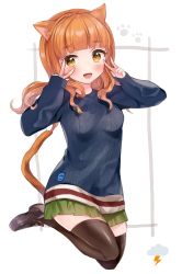 Rule 34 | 1girl, animal ears, aran sweater, black footwear, black thighhighs, blue sweater, blunt bangs, blush, cable knit, casual, cat ears, cat tail, double v, full body, girls und panzer, green skirt, highres, jumping, kaminari kinenbi, kemonomimi mode, legs up, loafers, long hair, long sleeves, looking at viewer, miniskirt, open mouth, orange eyes, orange hair, paw print, pleated skirt, protected link, shoes, skirt, smile, solo, sweater, tail, takebe saori, thighhighs, v, white background