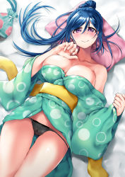 Rule 34 | 10s, 1girl, bare shoulders, black panties, blue hair, blush, breasts, cameltoe, cleavage, closed mouth, highres, japanese clothes, kimono, large breasts, long hair, looking at viewer, love live!, love live! sunshine!!, lying, matsuura kanan, no bra, off shoulder, on back, osyakana, panties, pillow, ponytail, purple eyes, smile, solo, underwear, yukata