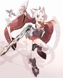 Rule 34 | 1girl, :d, aircraft, airplane, animal ears, azur lane, breasts, cat ears, detached sleeves, fang, folding fan, full body, hair intakes, hair ribbon, hand fan, highres, holding, holding fan, japanese clothes, karukan (monjya), leg up, long sleeves, no bra, open mouth, outstretched arms, red eyes, red ribbon, ribbon, short hair, shouhou (azur lane), sideboob, small breasts, smile, solo, standing, standing on one leg, thighhighs, topknot, white hair, white thighhighs, wide sleeves