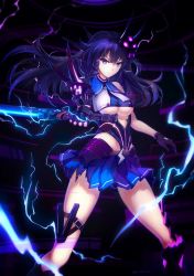 Rule 34 | 1girl, 2016, absurdres, black gloves, blue eyes, blue hair, blue skirt, braid, breasts, dated, electricity, floating hair, gloves, hair ornament, highres, holding, holding sword, holding weapon, honkai (series), honkai impact 3rd, large breasts, long hair, looking at viewer, luo qingyu, miniskirt, pleated skirt, raiden mei, raiden mei (lightning empress), signature, skirt, sleeveless, solo, standing, sword, thigh strap, torn clothes, torn skirt, underwear, very long hair, weapon