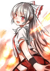 Rule 34 | 1girl, absurdres, amamitsu kousuke, bad id, bad pixiv id, blush, colorized, fang, fire, fujiwara no mokou, hair ornament, hair ribbon, highres, looking at viewer, open mouth, pants, ponytail, red eyes, ribbon, shirt, short sleeves, silver hair, sketch, smile, solo, torn clothes, torn sleeves, touhou, white background, wrist cuffs
