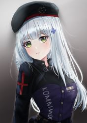 Rule 34 | 1girl, absurdres, black hat, blunt bangs, closed mouth, frown, girls&#039; frontline, gradient background, green eyes, grey background, hair ornament, hat, highres, hk416 (girls&#039; frontline), long hair, silver hair, solo, straight hair, turbulence, upper body