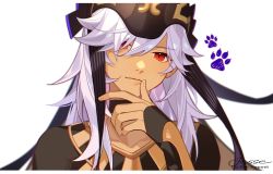 Rule 34 | 1boy, animal hat, black hat, closed mouth, commentary, cyno (genshin impact), dark-skinned male, dark skin, egyptian clothes, english commentary, genshin impact, hair between eyes, hair over one eye, hat, highres, jesse (pixiv34586727), long hair, looking at viewer, male focus, paw print, portrait, red eyes, signature, simple background, solo, white background, white hair