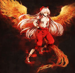 Rule 34 | 1girl, adapted costume, bird, bow, breasts, clona, female focus, fiery wings, fire, fujiwara no mokou, gradient background, hair bow, highres, long hair, no bra, open clothes, open shirt, pants, phoenix, red eyes, shirt, silver hair, small breasts, solo, touhou, wings