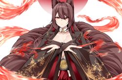 Rule 34 | 1girl, absurdres, akagi (azur lane), animal ears, azur lane, breasts, brown hair, choker, cleavage, closed mouth, collar, commentary, dated commentary, detached collar, fire, fox ears, fox girl, fox tail, gloves, hair between eyes, hands up, highres, japanese clothes, kimono, kitsune, kyuubi, large breasts, long hair, looking at viewer, multiple tails, out of frame, partially fingerless gloves, print kimono, red circle, red eyes, red fire, samip, sidelocks, simple background, solo, tail, white background, white collar, wide sleeves