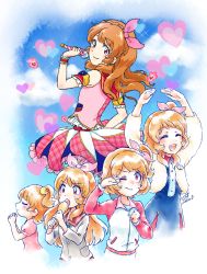 Rule 34 | 1girl, age progression, aikatsu!, aikatsu! (series), arms up, bow, brown hair, commentary request, duck hair ornament, closed eyes, flower, hair bow, heart, highres, holding, idol, long hair, looking at viewer, one eye closed, ozora akari, open mouth, puffy short sleeves, puffy sleeves, school uniform, short hair, short sleeves, sleeveless, smile, sparkle, tearing up, uruchi kome