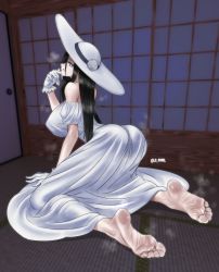 Rule 34 | absurdres, artist name, ass, barefoot, black hair, blue eyes, breasts, dress, feet, gloves, hasshaku-sama, hat, highres, indoors, large breasts, long hair, soles, tagme, toes, tsukimaru (ls 99ml), white dress, white gloves