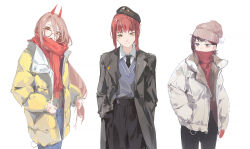 Rule 34 | 3girls, alternate costume, beanie, beret, black headwear, black necktie, black pants, blue cardigan, blue pants, blush, brown eyes, brown hair, cardigan, chainsaw man, coat, collared shirt, cowboy shot, demon girl, demon horns, dino (dinoartforame), glasses, grey coat, grey headwear, hair between eyes, hair ornament, hairclip, hand in pocket, hands in pockets, hat, higashiyama kobeni, highres, horns, long hair, long sleeves, looking at viewer, makima (chainsaw man), medium hair, multiple girls, necktie, open mouth, orange eyes, padded coat, pants, power (chainsaw man), red hair, red horns, red scarf, red sweater, ringed eyes, scarf, shirt, sidelocks, sweater, trench coat, turtleneck, turtleneck sweater, white background, white shirt, winter clothes, yellow coat