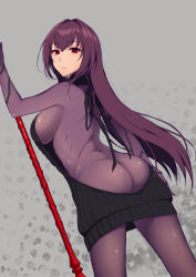 Rule 34 | 1girl, ass, back, black sweater, bodysuit, breasts, butt crack, cowboy shot, fate/grand order, fate (series), gae bolg (fate), highres, holding, holding weapon, long hair, looking at viewer, meme attire, pochi (pochi-goya), purple hair, red eyes, scathach (fate), scathach (fate), sideboob, solo, sweater, virgin killer sweater, weapon