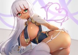 Rule 34 | 1girl, azur lane, blunt bangs, blush, borrowed character, breast curtains, breasts, china dress, chinese clothes, commission, cosplay, dark-skinned female, dark skin, dress, garter straps, glasses, gloves, green eyes, grey dress, hand on own ass, huge breasts, long hair, looking at viewer, lying, on side, open mouth, original, pelvic curtain, red-framed eyewear, revealing clothes, see-through, see-through sleeves, sirius (azur lane), sirius (azur lane) (cosplay), sirius (azure horizons) (azur lane), skeb commission, smile, solo, symbol-shaped pupils, thighhighs, west 24, white gloves, white hair, white thighhighs